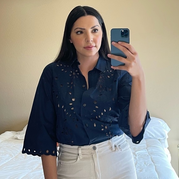 J. Crew Collection Navy Button Up Eyelet Poplin Top - Picture 1 of 9